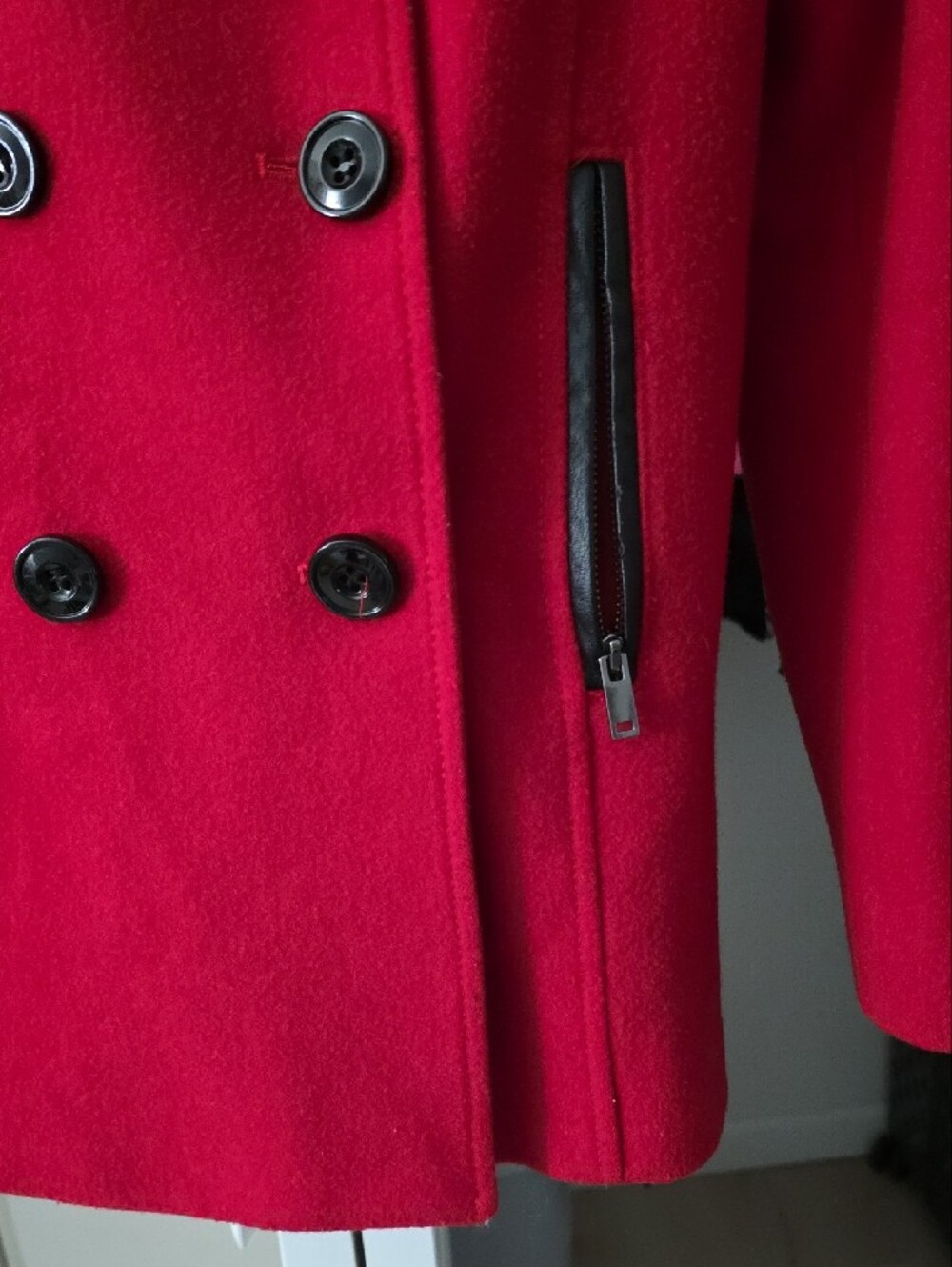 Black Rivet Red Double-Breasted Pea Coat - Picture 4 of 10